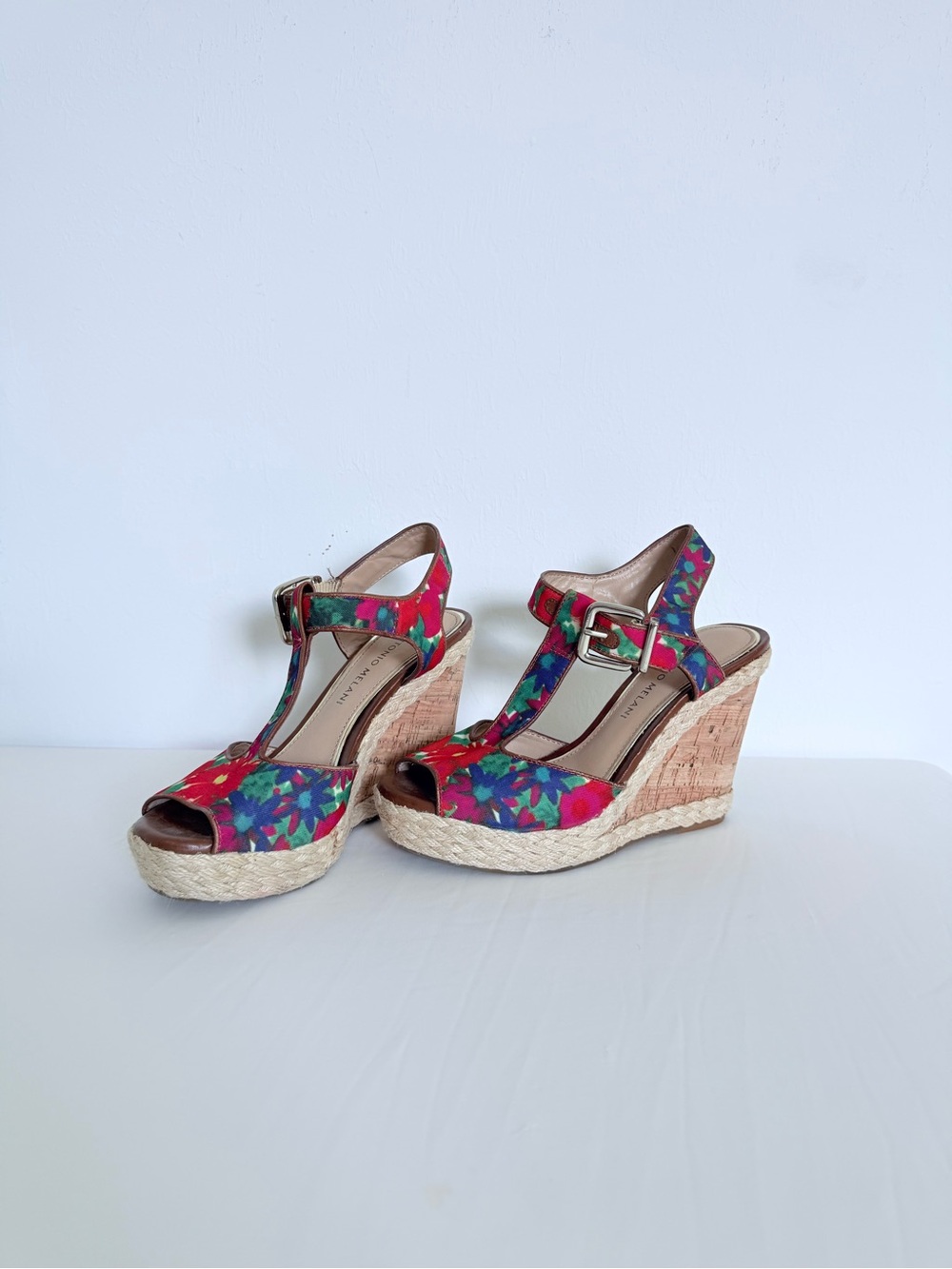ANTONIO MELANI Red Floral Cork Espadrille Wedge Sandals - Picture 2 of 5